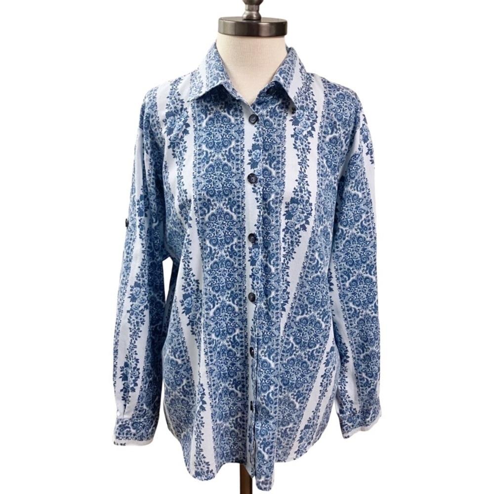 Grandmacore Coastal Classic Elements Boyfriend Shirt Womens SZ 16W Blue Relaxed